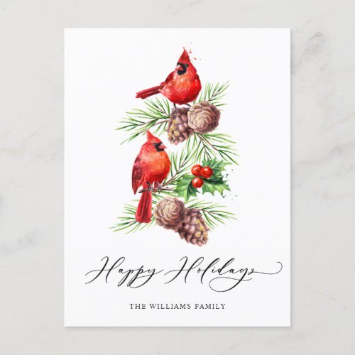 Red Cardinal Holly Berry Christmas Holiday Postcard