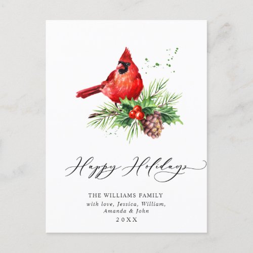 Red Cardinal Holly Berry Christmas Holiday Postcard