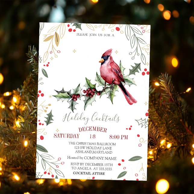 Red Cardinal Holly Berry Company Christmas  Invitation (Creator Uploaded)