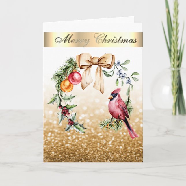 Red Cardinal Holly Berry Gold Glitter Holiday Card (Front)