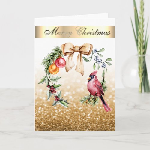 Red Cardinal Holly Berry Gold Glitter Holiday Card