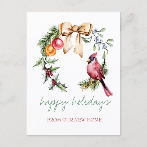 Red Cardinal Holly Berry Holiday Announcement Postcard
