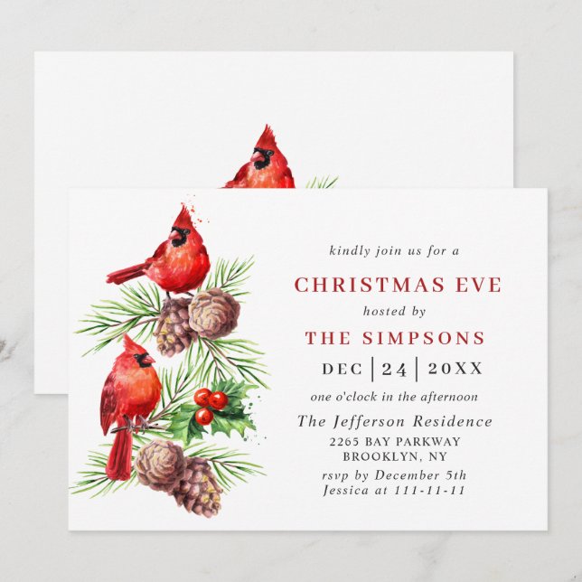 Red Cardinal Holly Berry Holiday CHRISTMAS EVE Invitation (Front/Back)