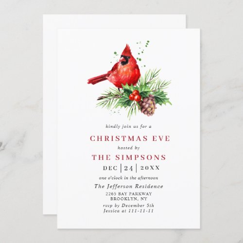 Red Cardinal Holly Berry Holiday CHRISTMAS EVE Invitation