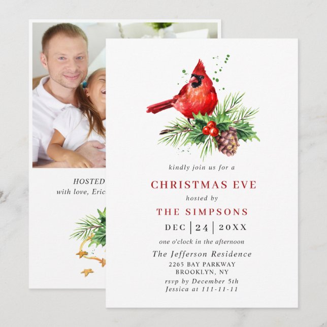 Red Cardinal Holly Berry Holiday CHRISTMAS EVE Invitation (Front/Back)