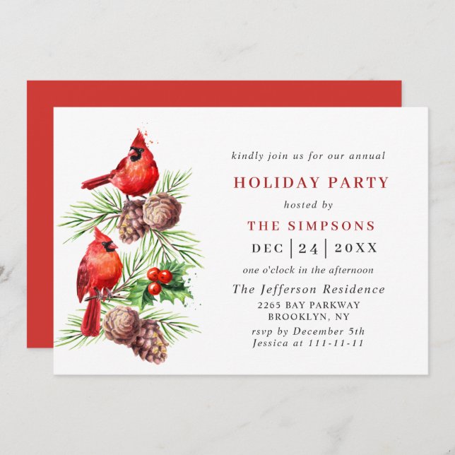 Red Cardinal Holly Berry Holiday CHRISTMAS PARTY Invitation (Front/Back)