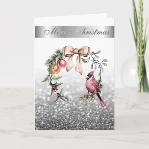 Red Cardinal Holly Berry Silver Bokeh Holiday Card