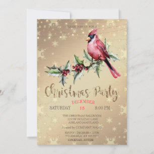 Red Cardinal Holly Berry Stars Gold Christmas Invitation