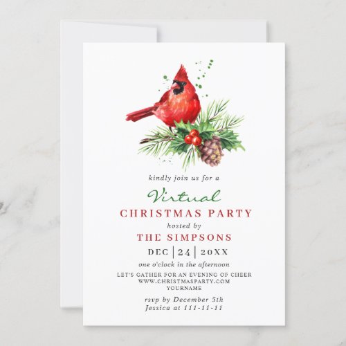 Red Cardinal Holly Berry VIRTUAL Christmas Party Invitation