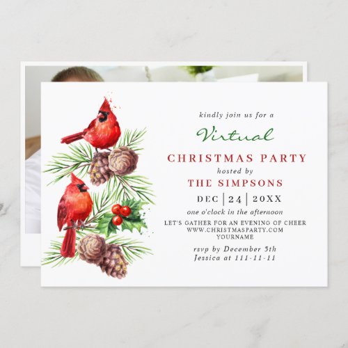 Red Cardinal Holly Berry VIRTUAL Christmas Party Invitation