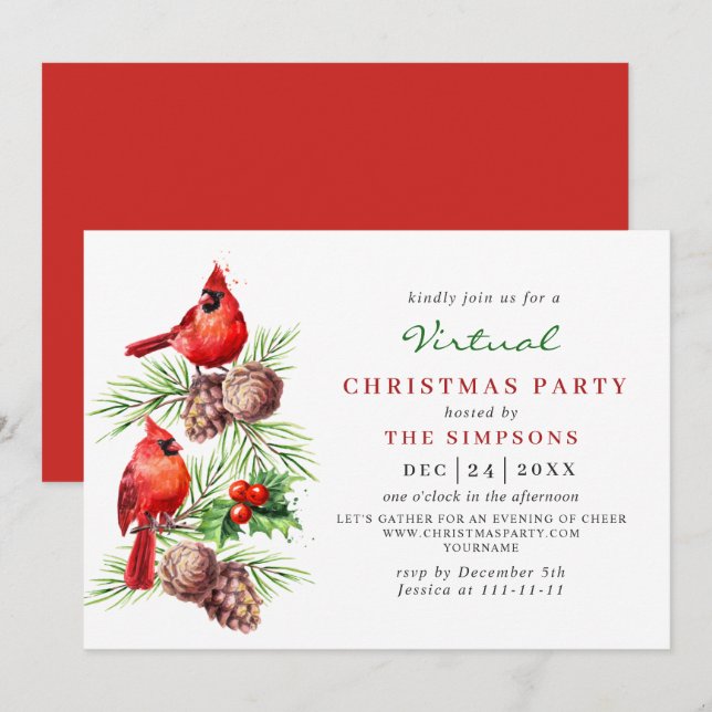 Red Cardinal Holly Berry VIRTUAL Christmas Party Invitation (Front/Back)
