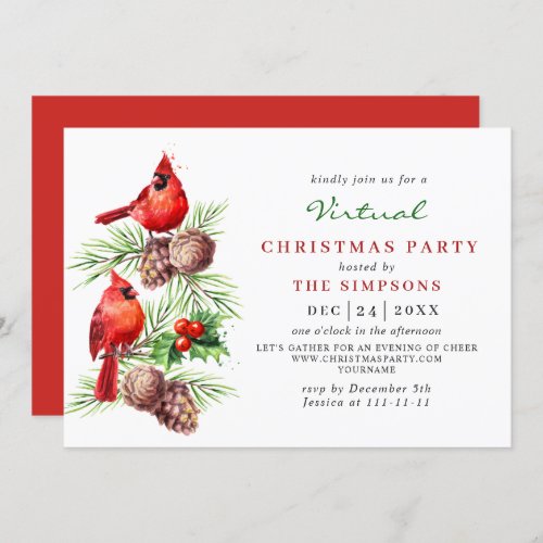Red Cardinal Holly Berry VIRTUAL Christmas Party Invitation