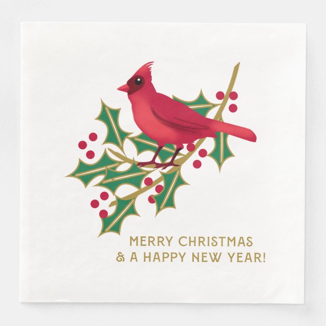 Red Cardinal Holly Branch Merry Christmas Paper Dinner Napkins (Front)
