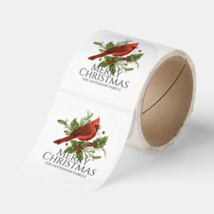 Red Cardinal Holly Christmas Custom Name Classic Round Sticker