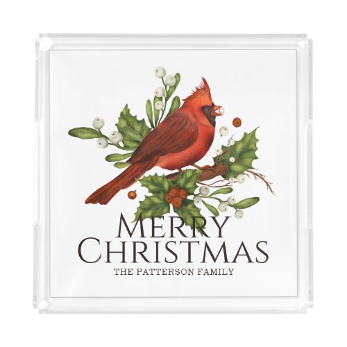 Red Cardinal Holly Christmas Custom Name Gift Acrylic Tray