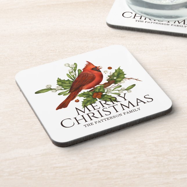 Red Cardinal Holly Christmas Custom Name Gift Beverage Coaster (Left Side)