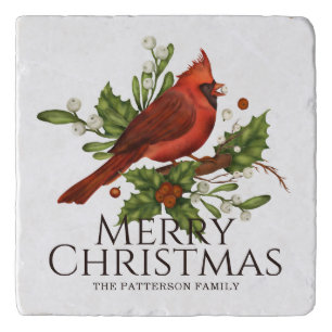 Red Cardinal Holly Christmas Custom Name Gift Trivet