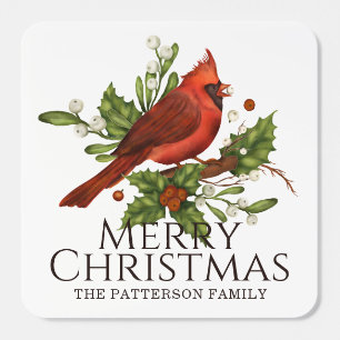 Red Cardinal Holly Christmas Custom Name Square Sticker