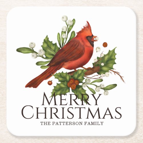 Red Cardinal Holly Christmas Name Gift Square Paper Coaster