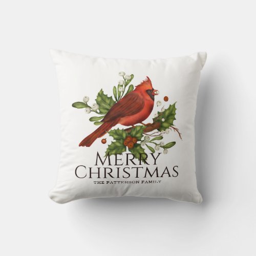 Red Cardinal Holly Christmas Name Gift Throw Pillow