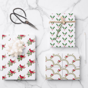 Red Cardinal Holly Leaves and Berries Christmas  Wrapping Paper Sheets