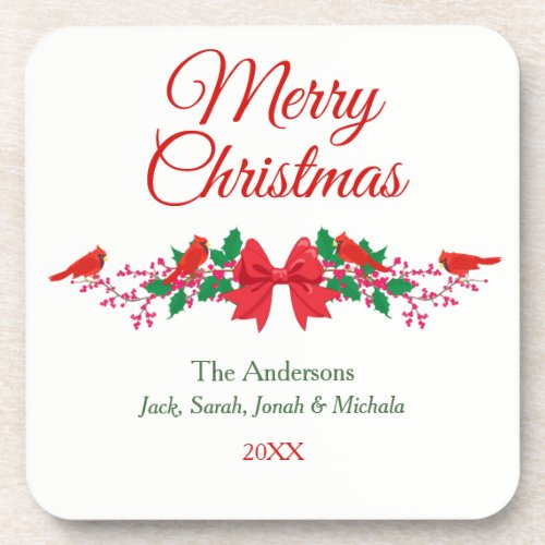 Red Cardinal Holly Personalized Christmas Beverage Coaster