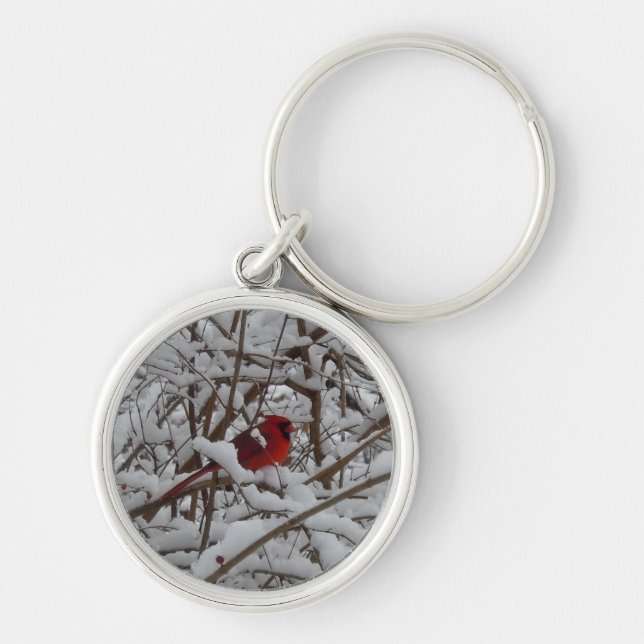 Red Cardinal in a Snow Filled Tree Key Chian Keychain (Front)