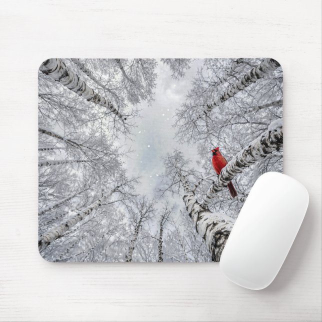 Red Cardinal In a Winter White Birch Forest Mouse Pad (With Mouse)