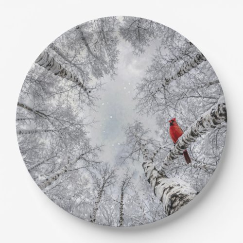 Red Cardinal In a Winter White Birch Forest Paper Plates