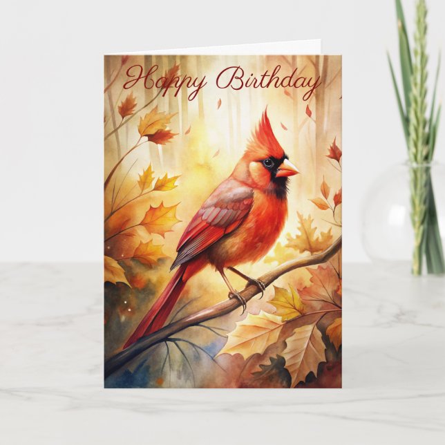 Red Cardinal in Autumn Fall Birthday Card (Front)