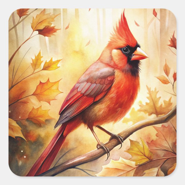 Red Cardinal in Autumn Fall Square Sticker (Front)