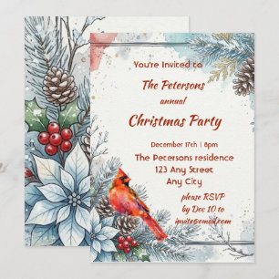 Red Cardinal in Beautiful Christmas Party Invitation