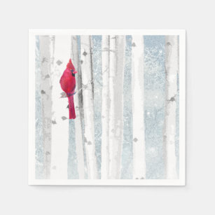 Red Cardinal in beautiful snowy Birch Tree Forest Paper Napkins