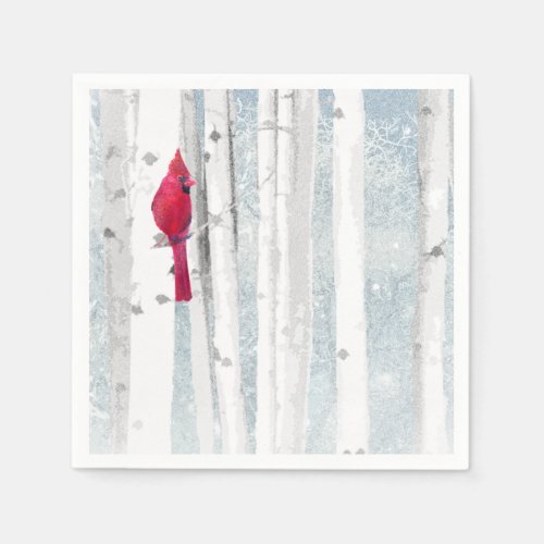 Red Cardinal in beautiful snowy Birch Tree Forest Paper Napkins