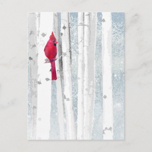 Red Cardinal in beautiful snowy Birch Tree Forest Postcard