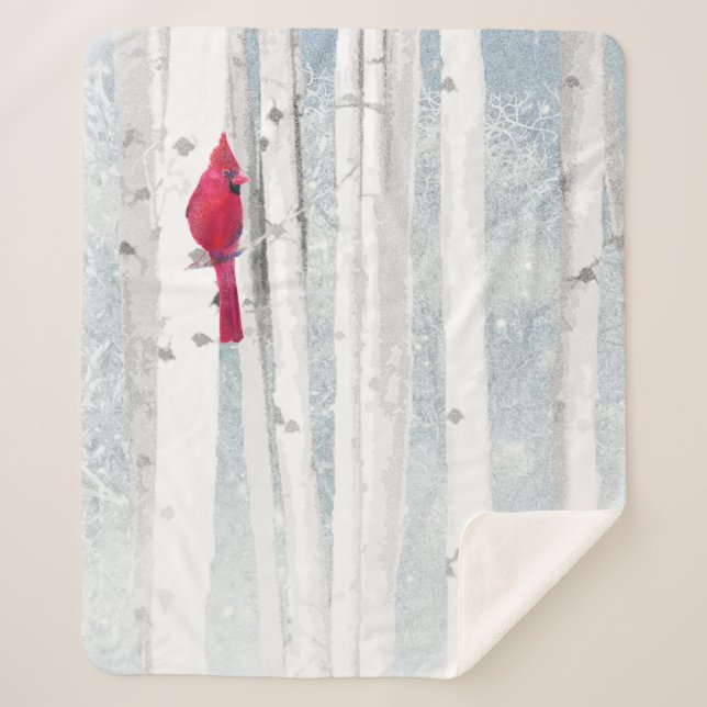 Red Cardinal in beautiful snowy Birch Tree Forest Sherpa Blanket (Front)
