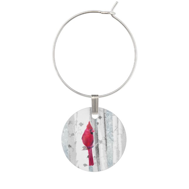 Red Cardinal in beautiful snowy Birch Tree Forest Wine Charm (Front)