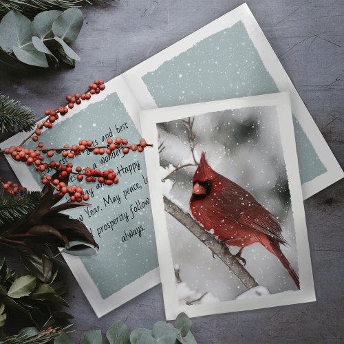 Red Cardinal in Falling Snow Watercolor Holiday Card