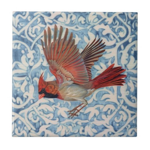 Red Cardinal in Flight Ceramic Tile