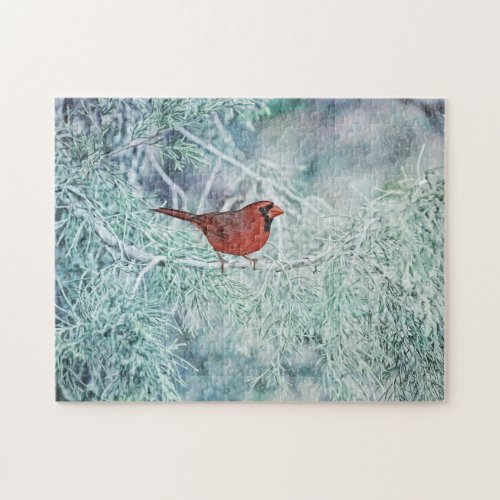 Red Cardinal in Snow Trees Art Puzzle