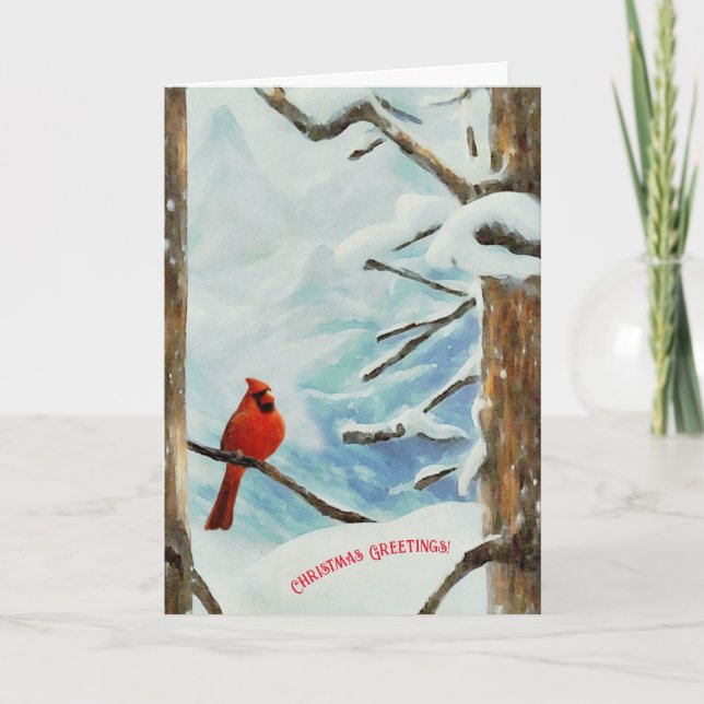 Red Cardinal in Snow Trees Christmas Holiday Card (Front)