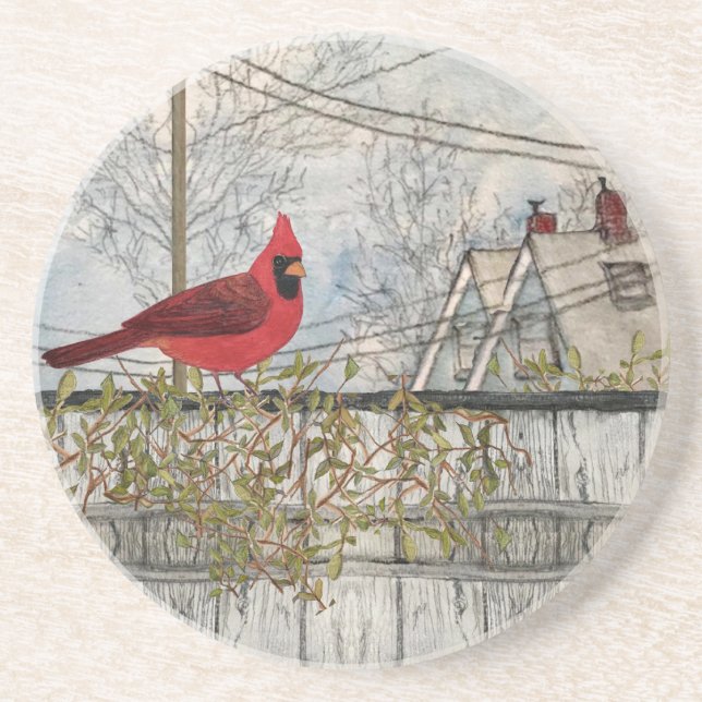 Red Cardinal in the City Sandstone Coaster (Front)