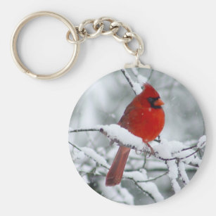 Cardinal Red Bird on Tree Branch Keychain Heart Love Metal Key Chain Ring 