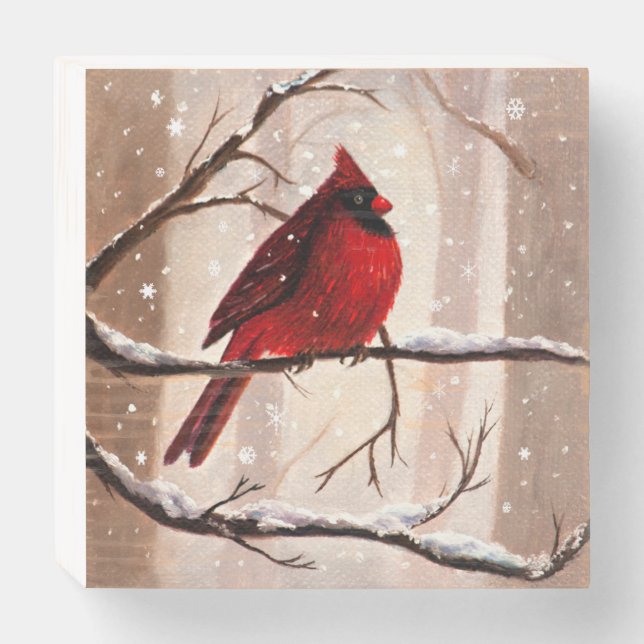 Red Cardinal in the Snow Wooden Box Sign (Front Horizontal)