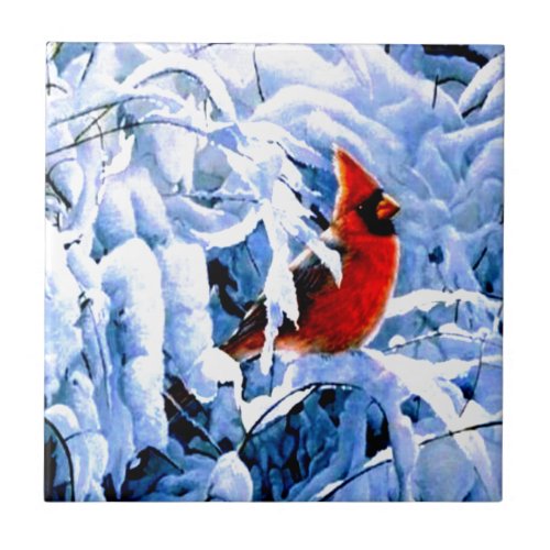 Red Cardinal In the Winter Snow Ceramic Tile
