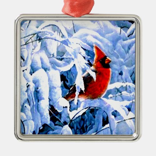 Red Cardinal In the Winter Snow Metal Ornament