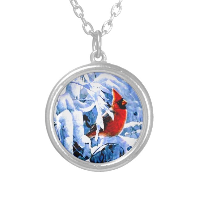 Red Cardinal In the Winter Snow Silver Plated Necklace (Front)
