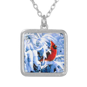 Red Cardinal In the Winter Snow Silver Plated Necklace