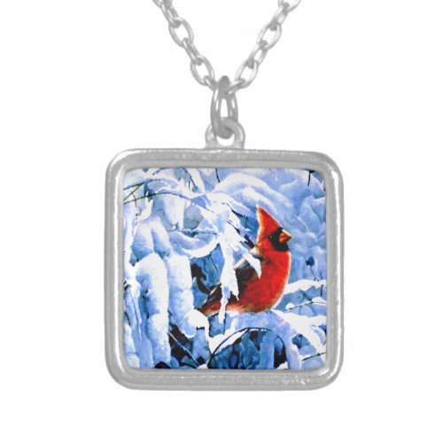 Red Cardinal In the Winter Snow Silver Plated Necklace