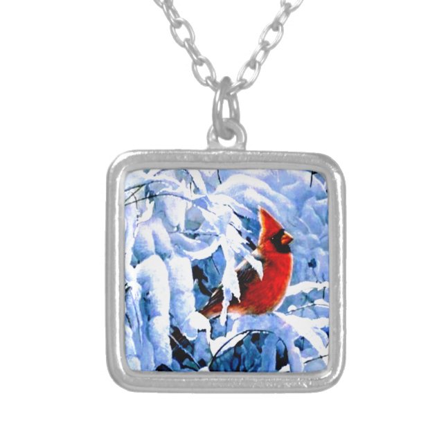 Red Cardinal In the Winter Snow Silver Plated Necklace (Front)
